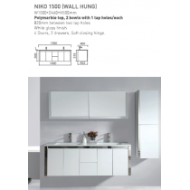 ECT NIKO 1500 (WALL HUNG) Polymarble Top, 2 Bowls with 1 Tap Holes/Each 820mm between 2 tap holes white gloss finish 4 doors, 2 drawers, Soft closing hinge